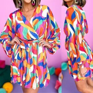 Abstract Print Belted Mini Dress